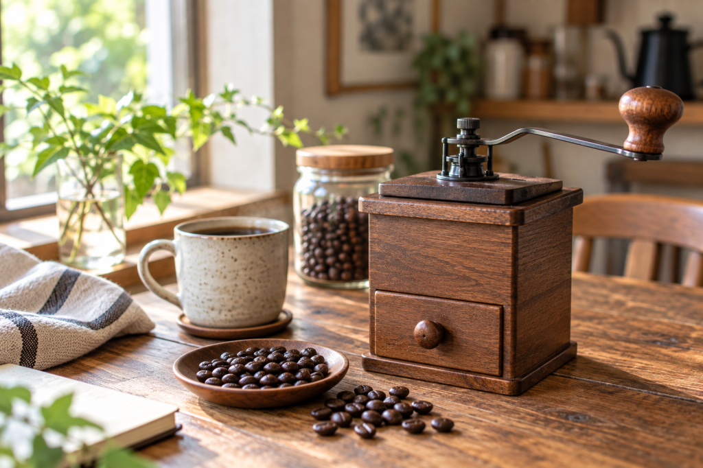 手動のコーヒーミルで豆を挽く